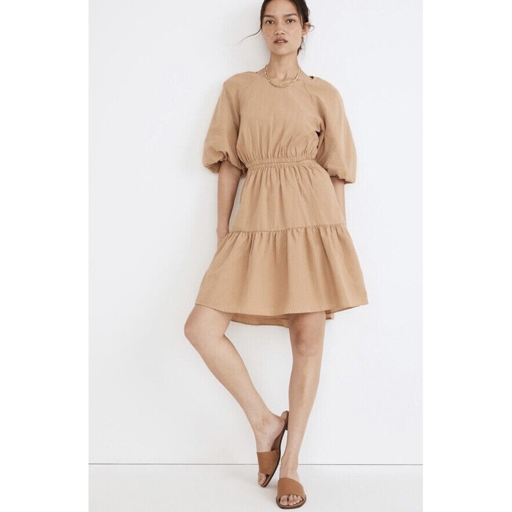 Madewell Seersucker Puff-Sleeve Cutout Mini Dress Size XXL NWT Tan Cute